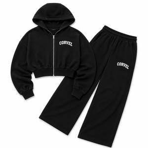 Wholesale Black Cropped <b>Full</b> <b>Zip</b> <b>Hoodie</b> Tracksuit Custom 3D Puff Print Ribbed Hem Heavyweight Cotton Sweatpants Autumn Set Bulk - Product Image 5