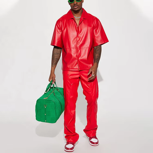 <b>Black</b> Summer Custom Logo Men Blank PU Leather <b>Button</b> <b>up</b> <b>Shirts</b> For Mens - Product Image 5