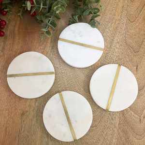 Handcrafted Natural White Round Marble <b>Coaster</b> <b>Set</b> Metal Inlay Elegant Premium Design for Luxury Home Decor Coffee Table - Product Image 1