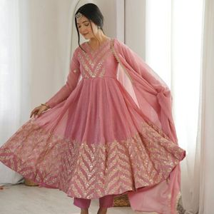 Women Pure Roman Cotton Embroidered Gown <b>Pant</b> Set with Soft Organza Dupatta | <b>Sequin</b> Thread Work Designer Ethnic Wear | Party We - Product Image 2