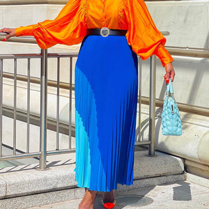 Jupe longue plissée évasée pour femme, style élégant en mousseline de soie avec blocs de couleur, ceinture taille haute, toutes saisons, grandes tailles, Afrique - Product Image 3