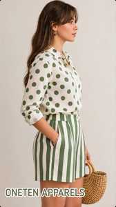 ONETEN APPARELS Ensemble chemisier vert à pois et short rayé pour femme, tenue décontractée d'été en 2 pièces - Product Image 4