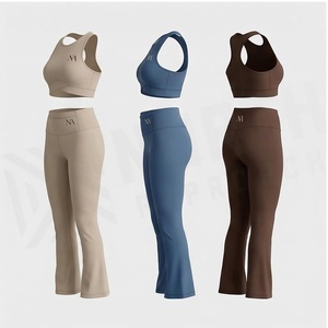2 Piece Yoga Set High Waist <b>Flared</b> Leg Racerback Sports Bra Full Length <b>Leggings</b> Solid Color Breathable Women's Activewear - Product Image 4