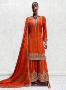 Colección de trajes salwar-dupatta listos para usar de primera calidad en tela chinon con bordado Zari-Dori y lentejuelas, moda femenina. - Product Image 5