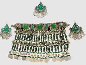 Afghan Tribal Jewelry Set In Deep <b>Red</b> Featuring Statement Choker Necklace With Round And Square Glass Stones Matching Earrings - Product Image 5