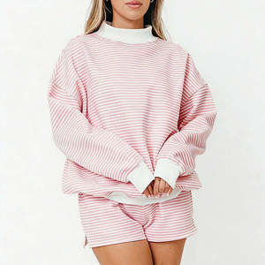 <b>Pink</b> White Mock Neck <b>Sweatshirt</b> with Fine Horizontal Stripe Pattern Long Sleeves Contrast Cuff Hem Trim Custom Logo Clothing - Product Image 2