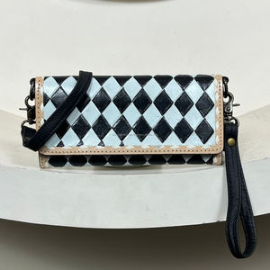 2025กระเป๋าคลัทช์และกระเป๋าสตางค์หนังวัวแท้สไตล์ตาหมากรุกสีดำและสีขาวแบบตะวันตก - Product Image 4