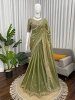 Sari en soie Fendy vert élégant avec broderie dorée, séchage rapide, style Lehenga, idéal pour mariages indiens, tenue de soirée, collection hiver-été
