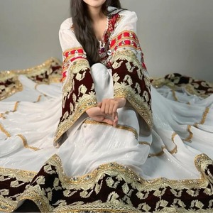 Traditional Pashtun Dress Women Casual Dresses <b>White</b> Georgette Large Flare Maroon Velvet Border Gold Embroidered <b>Maxi</b> Gown - Product Image 2