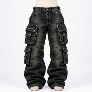 Mens <b>Black</b> Washed Denim <b>Cargo</b> Pants Oversized Baggy Fit Multi Pocket Streetwear <b>Trousers</b> Custom OEM ODM Wholesale Supplier - Product Image 3