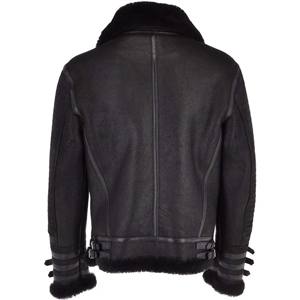 Veste bomber noire pour homme, style B3, avec trois boucles aux poignets, manteau d'hiver en peau de mouton véritable, doublure en polaire chaude, veste d'aviateur - Product Image 3