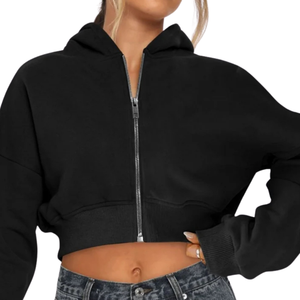 Sudadera con capucha corta para mujer con cremallera, hombros caídos, manga larga, top de moda, logotipo personalizado, ropa urbana, producción al por mayor de fábrica - Product Image 3