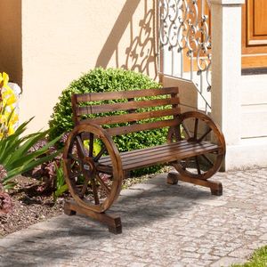 Rustic 2-Person Wooden Wagon Wheel Bench with Slatted Seat and <b>Backrest</b> Brown Patio Bench - Product Image 4