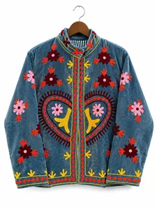 Vintage Light Blue <b>Velvet</b> Suzani Embroidered <b>Jacket</b> With Floral Pattern Stand Collar Full Sleeve Autumn <b>Women's</b> Blouson Coat - Product Image 1
