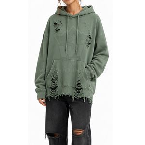 Washed Cotton Distressed Hoodies Women Relaxed Fit With Screen Print And Embroidery <b>Blank</b> Distressed Hoodies - Product Image 2