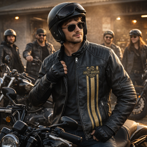 Veste en cuir véritable à rayures imprimées numériquement avec triple ventilation personnalisée, broderie 3D, protection anti-UV, manches longues, doublure amovible pour homme - Product Image 2