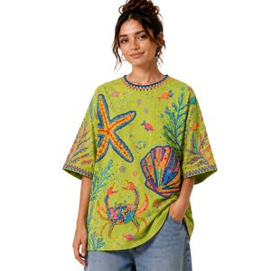 T-shirt graphique oversize vert lime pour femme, imprimé océan coloré, décontracté, en coton, streetwear, coupe ample, été, personnalisable, OEM, vente en gros - Product Image 1