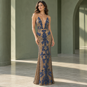 Robe de soirée bleue ornée de fleurs, col en V profond, bretelles doubles, perles florales |   Robe de soirée sirène longue en maille couleur tan - Product Image 3