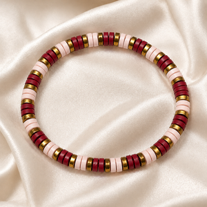 Custom Handmade Zinc Beaded Heishi <b>Stretch</b> <b>Bracelet</b> for Women Burgundy Pink and Gold Trendy Party Fashion Jewelry Wholesale - Product Image 5