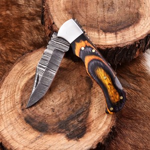 Cuchillo Plegable de Acero Damasco Nordic Forge con Bloqueo Trasero, Mango de Piedra Turquesa y Cuerno, Funda, Cuchillo de Bolsillo EDC para Camping y Caza - Product Image 3