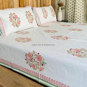 Juego de Sábanas con Estampado Artesanal Sanganeri de la India, Sábanas con Funda de Almohada - Product Image 2