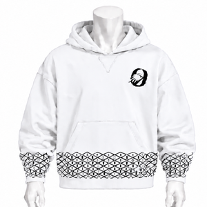 Sudadera con capucha de forro polar grueso con borde bordado blanco, puños decorativos, bolsillo canguro, estilo casual urbano - Product Image 1