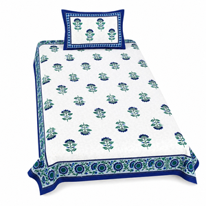 Heritage <b>Single</b> Cotton <b>Bedsheet</b> Hand Block Floral Print with Blue Border and Pillow Cover for Home Hotel Bedding - Product Image 3