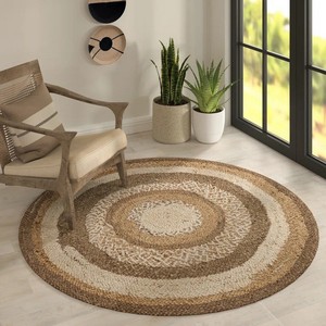 Alfombra Redonda de Yute con Patrón de Medallón Trenzado, Estilo Bohemio, Base de Goma Antideslizante para Sala de Estar, Limpieza Localizada - Product Image 6