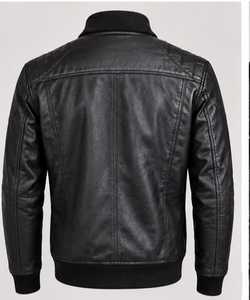 Veste moto en cuir véritable noir pour homme avec col montant, fermeture éclair et boutons - Product Image 4