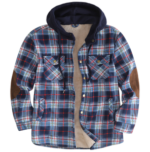 Chemise-veste en flanelle unisexe en coton avec doublure en polaire, à carreaux bleus et rouges et en velours, chaude pour l'hiver, à capuche - Product Image 1