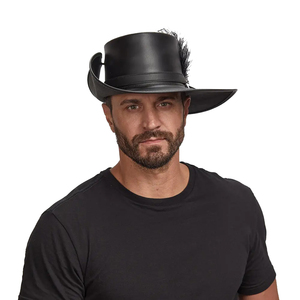 <b>Black</b> Leather Cowboy Hat with Feather Punk Style Unisex Traveling Four Seasons Wear Adjustable Head Circumference Casual - Product Image 2
