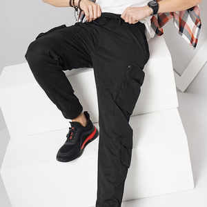 Pantalon cargo noir pour homme OEM, taille élastique avec cordon de serrage, plusieurs poches, style décontracté, tissu en toile mi-lourd, idéal pour l'automne - Product Image 6