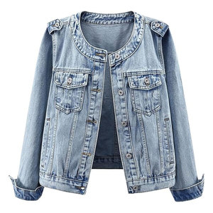 แจ็คเก็ตสำหรับผู้หญิง แจ็คเก็ตยีนส์สไตล์ตะวันตกแบบลำลองแขนยาวติดกระดุมไม่มีปกทันสมัย ชุดคอนเสิร์ตสไตล์คันทรี่ - Product Image 1