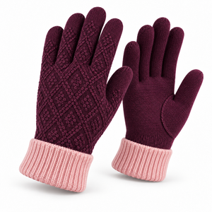 <b>Knit</b> <b>Gloves</b> With Diamond Pattern Purple And Pink Cuff Anti Slip Flexible Acrylic Material Full Texture General Purpose - Product Image 6