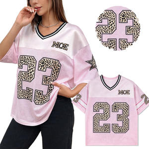 Camisetas de Verano para Mujer, Talla Grande, Personalizadas, con Estampado de Leopardo Rosa, Cuello en V, Estilo Jersey Oversize, Ropa Urbana, Camiseta de Fútbol Americano - Product Image 4