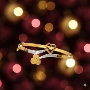 Brazalete de Oro Amarillo de 22K con Sello BIS para Mujer - Brazalete Hecho a Mano con Corazón y Trébol en Dos Tonos - Product Image 3