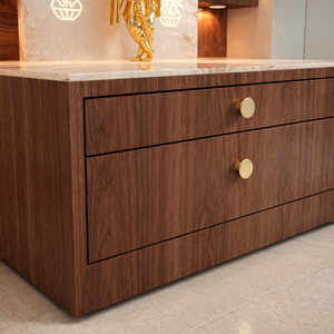 Teak Wood Home <b>Mandir</b> with LED Backlit Corian Backdrop | 75cm x 110cm Designer Puja Temple | <b>Mandir</b> with Storage Drawers - Product Image 5