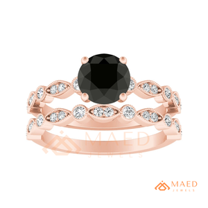 Rose Gold Plated Black Moissanite Round Cut Engagement <b>Ring</b> <b>Set</b> for <b>Women</b> Halo Bridal Wedding Band Matching <b>Set</b> USA - Product Image 4