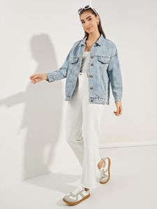 <b>Women</b> <b>Light</b> Blue Denim <b>Jacket</b> Oversized Trucker Jean Coat Ladies Fashion Loose Fit Outerwear Classic Button Up Denim Top - Product Image 6