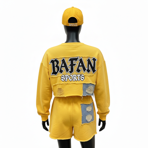 Ensemble court en molleton 100 % coton brossé doux pour femme, jaune avec empiècements en jean, effet vieilli, logo personnalisé - Product Image 2