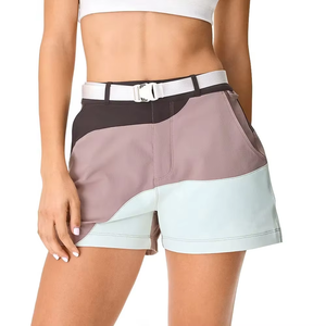 Shorts taille haute pour femme avec logo personnalisé et blocs de couleur, style sportif, séchage rapide, tissu tricoté, coupe classique, fabricant OEM - Product Image 1