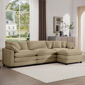 Divano a L a 3 Posti in Velluto a Coste Color Tan con 1 Poggiapiedi e Pouf per Soggiorni Piccoli - Product Image 3