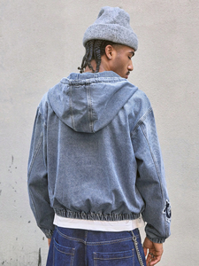 <b>Mens</b> Cross Patch Denim <b>Jacket</b> Hooded Washed Zip Up Streetwear Oversized Applique Vintage Wash Boxy Custom Print OEM Supplier - Product Image 5