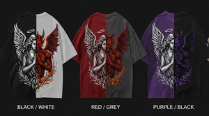 Camiseta de manga corta oversize con estampado personalizado de ángel y demonio, estilo urbano para hombre, cuello redondo, jersey de algodón. - Product Image 4