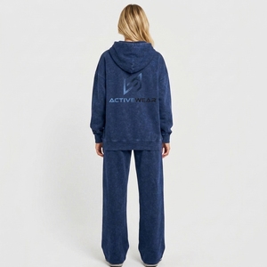 Custom Made Acid <b>Washed</b> Tracksuits Plus Size Winter Solid Lace Casual Two Piece Embroidery Logo Streetwear Fashionable - Product Image 2