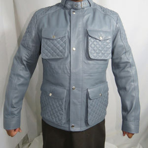 Chaqueta de cuero genuino gris premium para hombre con parches acolchados en los hombros, venta al por mayor, cuatro bolsillos, chaqueta de alta calidad personalizada. - Product Image 6