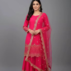 Ramdev Trading Womens Crunchy Silk Faux Georgette Sharara Set Full Sleeves <b>Top</b> Embroidered Dupatta Modern Quick Dry Regular Fit - Product Image 1