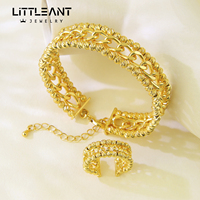 Parure de bijoux de mode arabe en perles, plaqué or 24 carats, avec bracelets ouverts à pièces et bague, pour mariages islamiques et fêtes