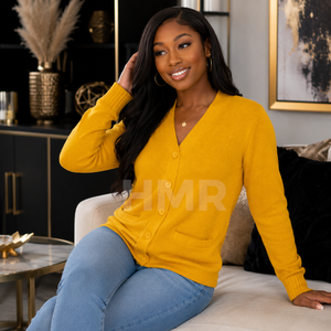 Cardigan en laine tricoté pour femme HMR Sisterhood Sorority, col en V, couleur jaune unie, service OEM, maille ouverte - Product Image 4