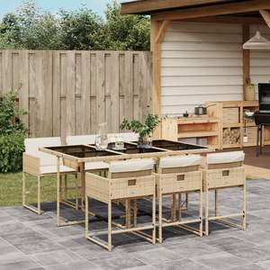 Set da pranzo da 7 pezzi in Poly Rattan Beige con cuscini Set da giardino - Product Image 1